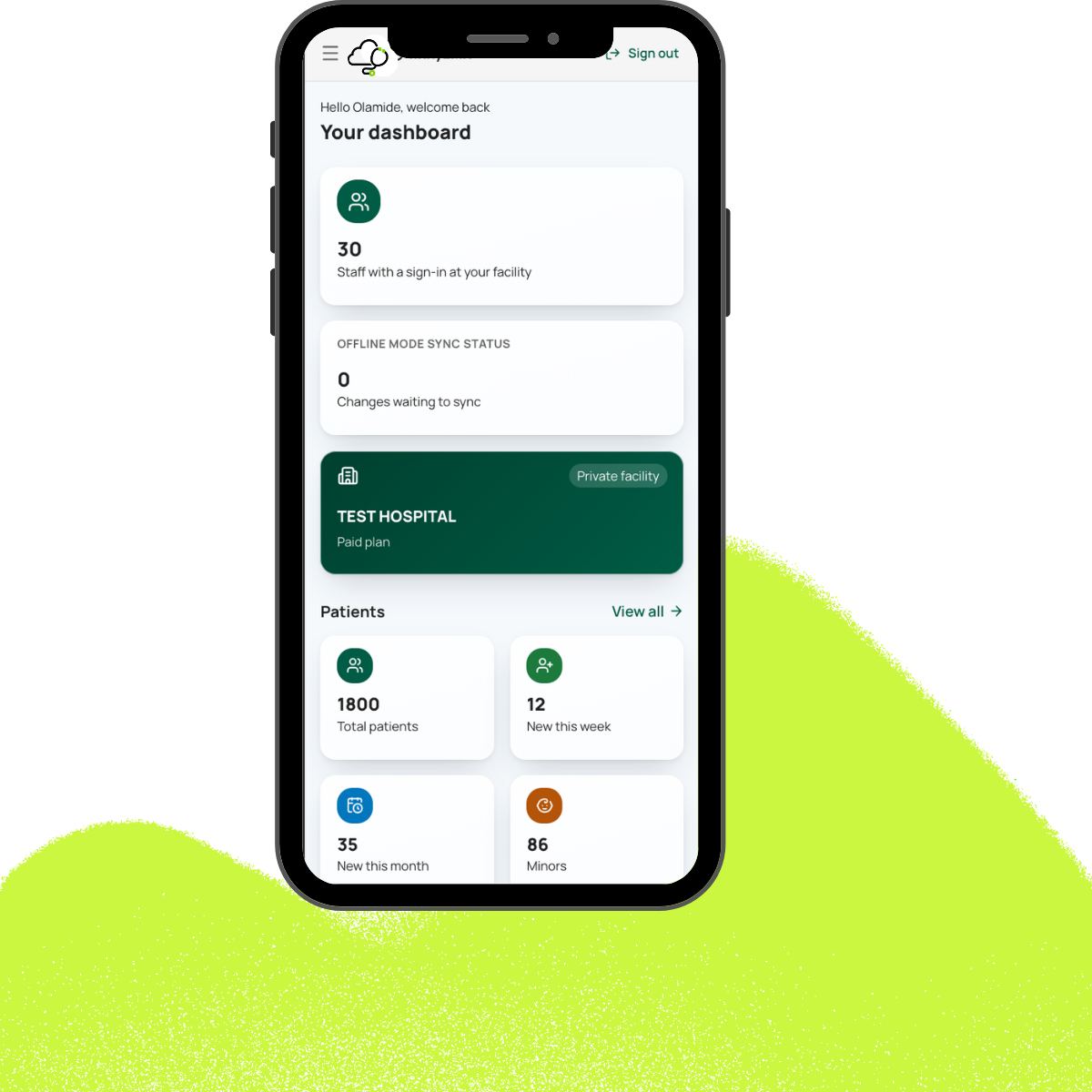 finnyEMR dashboard on mobile